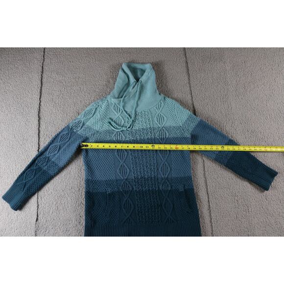 LL Bean Sweater Womens S Green Striped Double L Mixed Cable Knit Funnel Neck - Picture 4 of 5